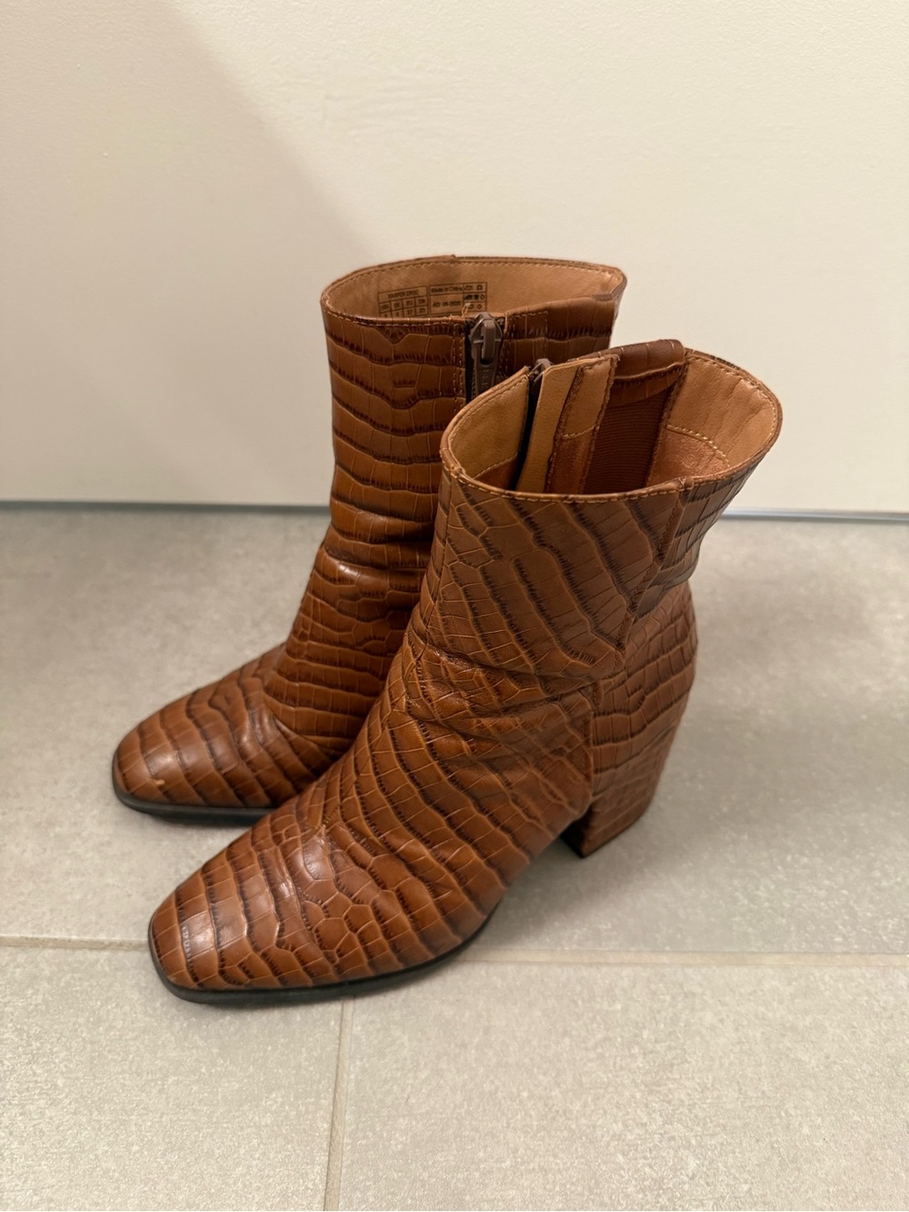 Vionic Tan Croc-Embossed Block Heel Ankle Boots